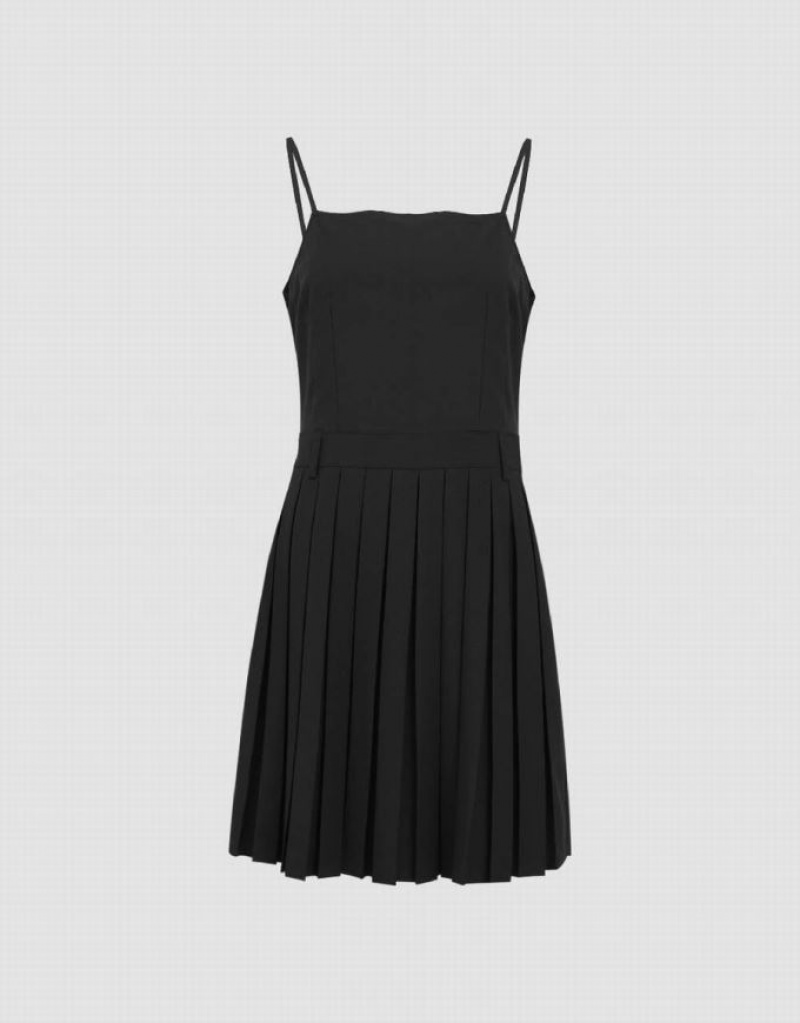 Black Urban Revivo Pleated Square-cut Collar Straight Cami Women's Dress | 74621PDUW