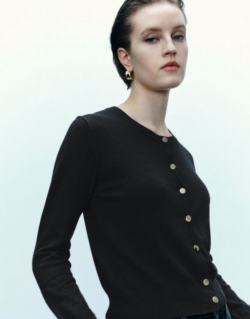 Black Urban Revivo Pressed Button Crew Neck Knitted Women's Cardigan | 47201AXYW