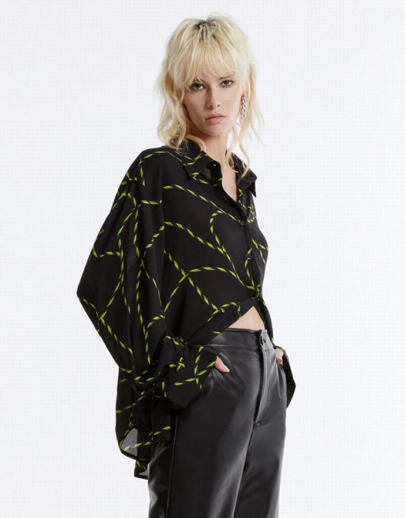 Black Urban Revivo Printed Chiffon Women's Shirts | 40736MROH