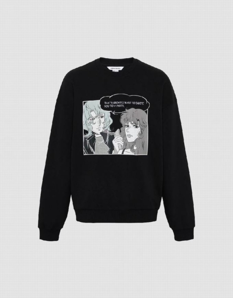 Black Urban Revivo Printed Crew Neck Men's Sweatshirts | 05419OMHG