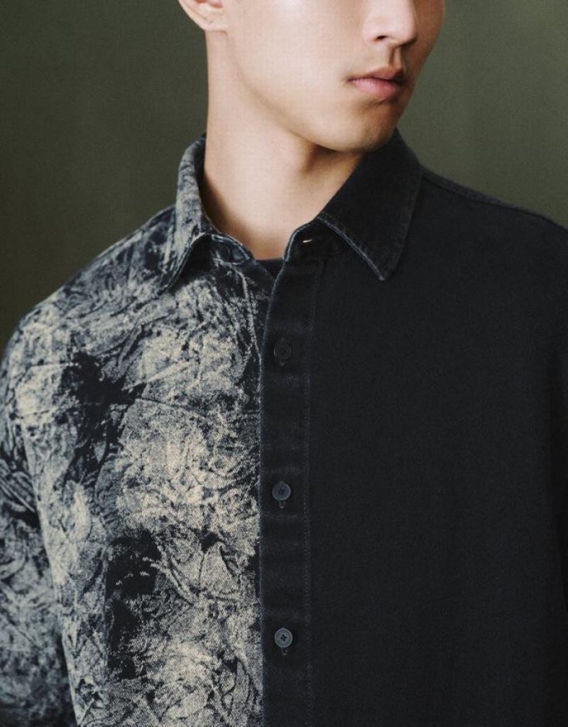 Black Urban Revivo Printed Loose Denim Men's Shirts | 17964YLCB