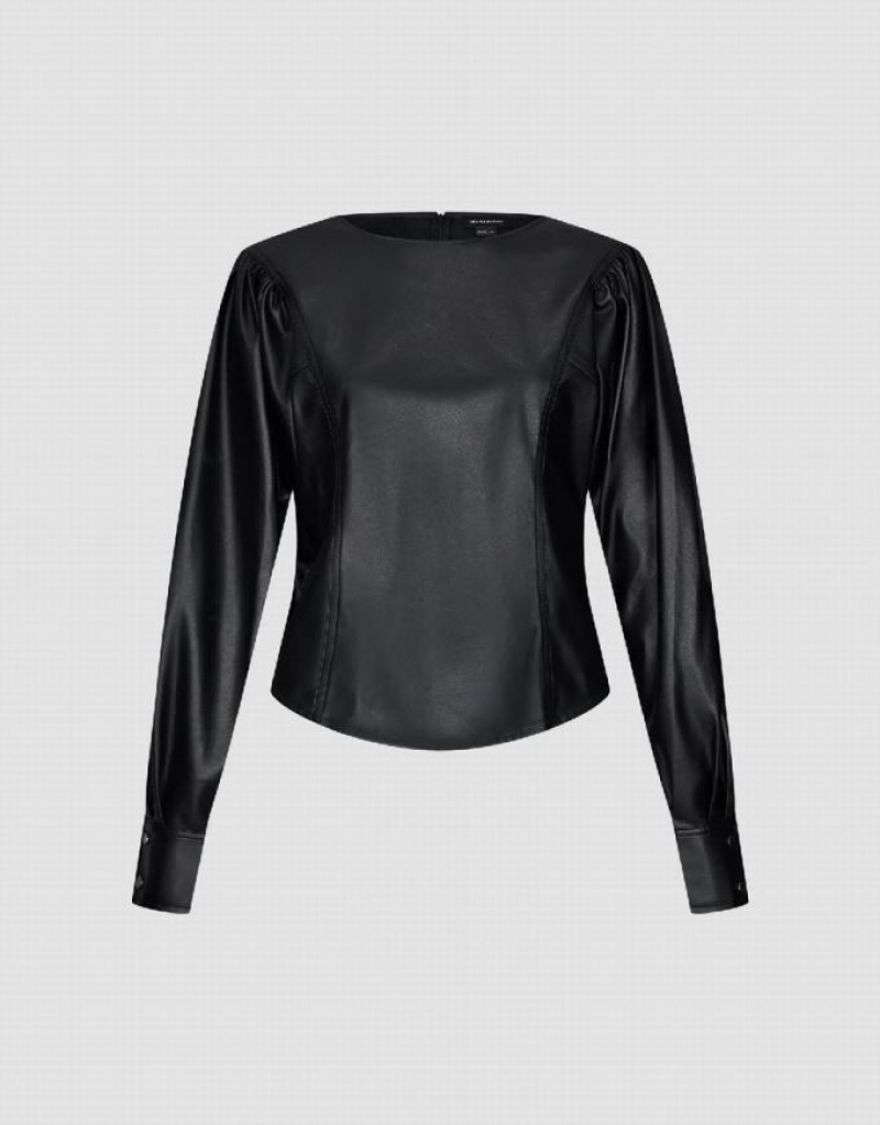 Black Urban Revivo Puff Sleeve Vegan Leather Overhead Women's Blouse | 05389ENFZ