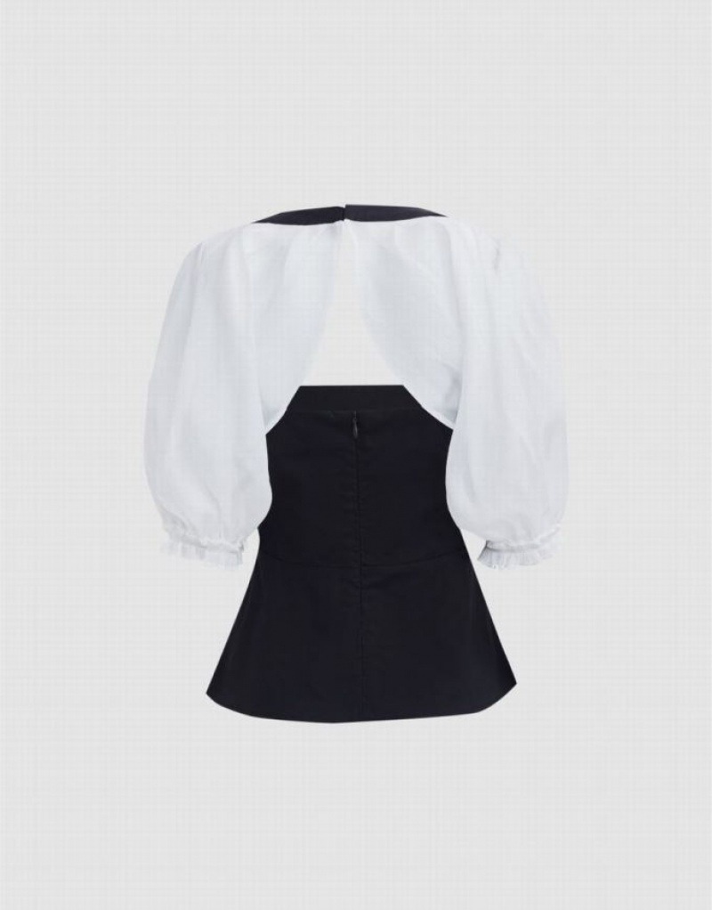 Black Urban Revivo Puff Sleeves Back Cut Out Women's Blouse | 01654GUIR