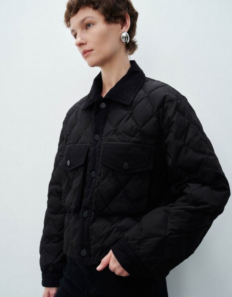 Black Urban Revivo Quilted Straight Women's Down Jackets | 42978KSHI