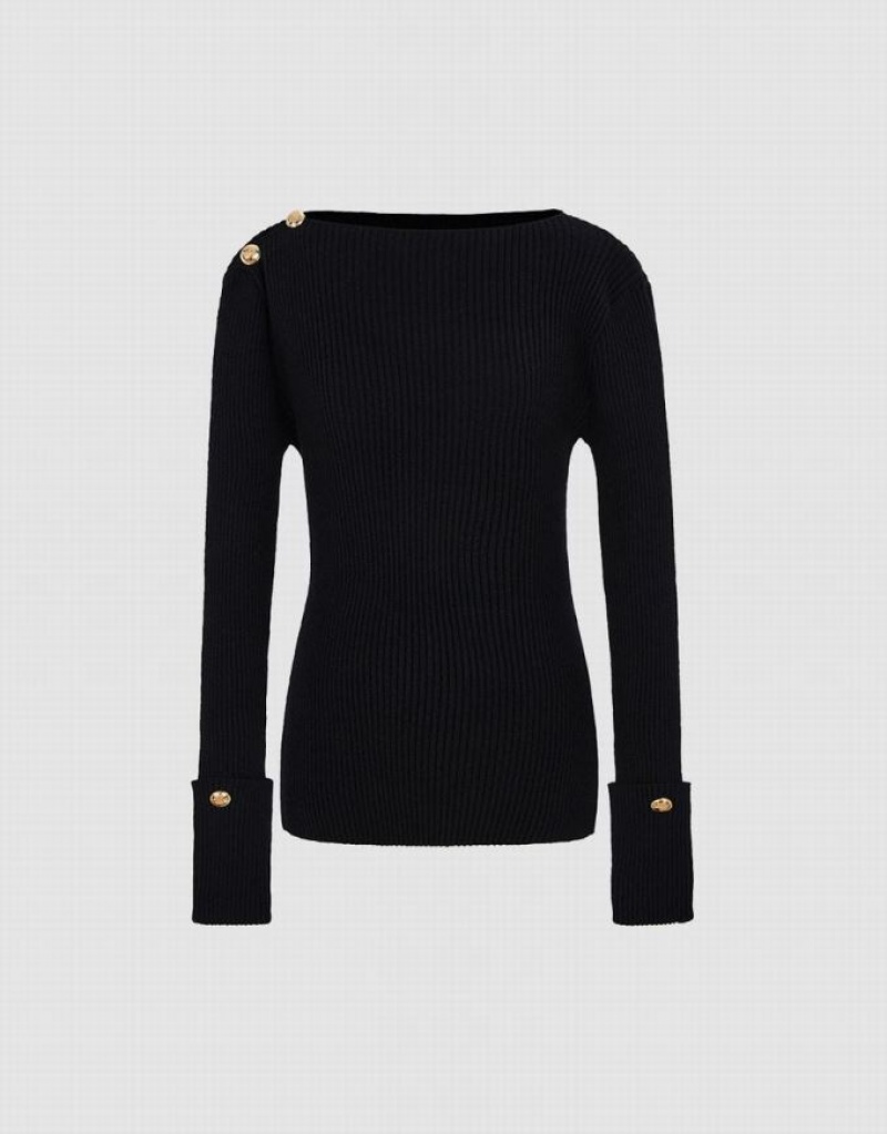 Black Urban Revivo Rib Knit Women's Sweaters | 29074KHBO