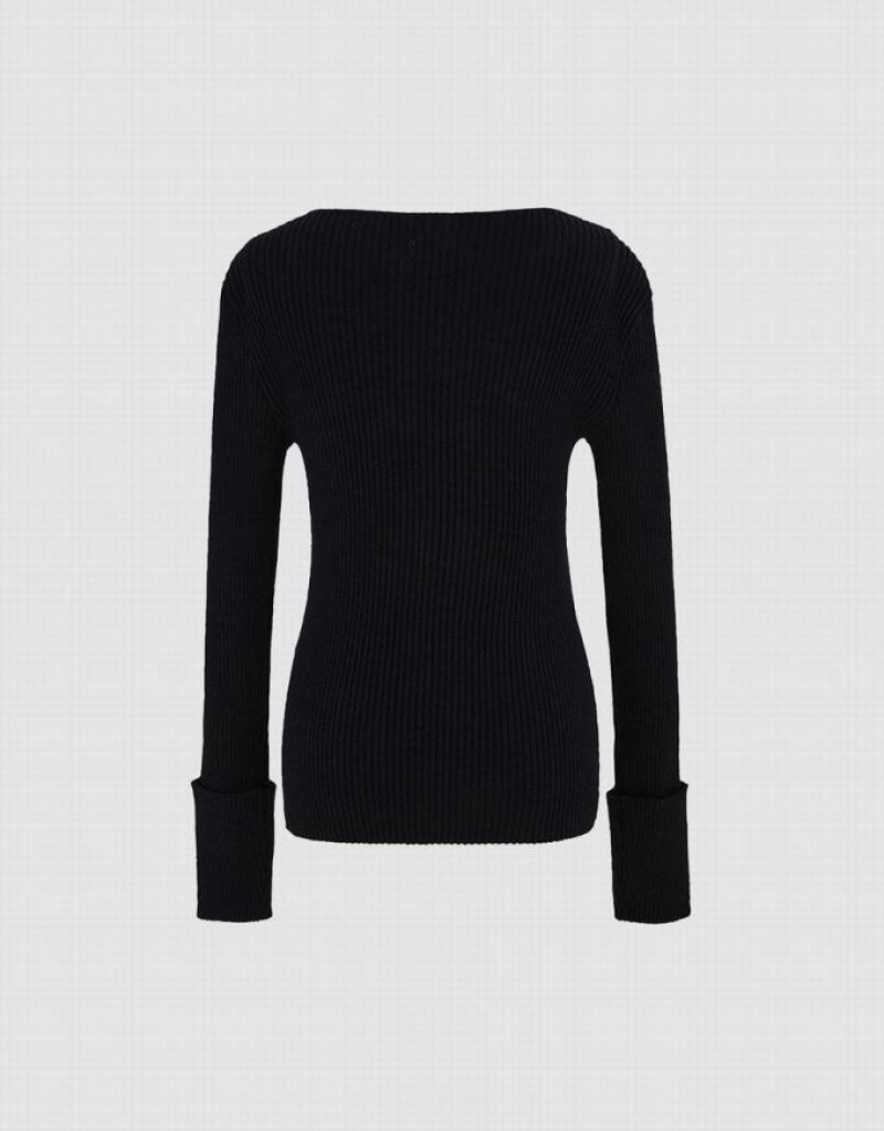 Black Urban Revivo Rib Knit Women's Sweaters | 29074KHBO