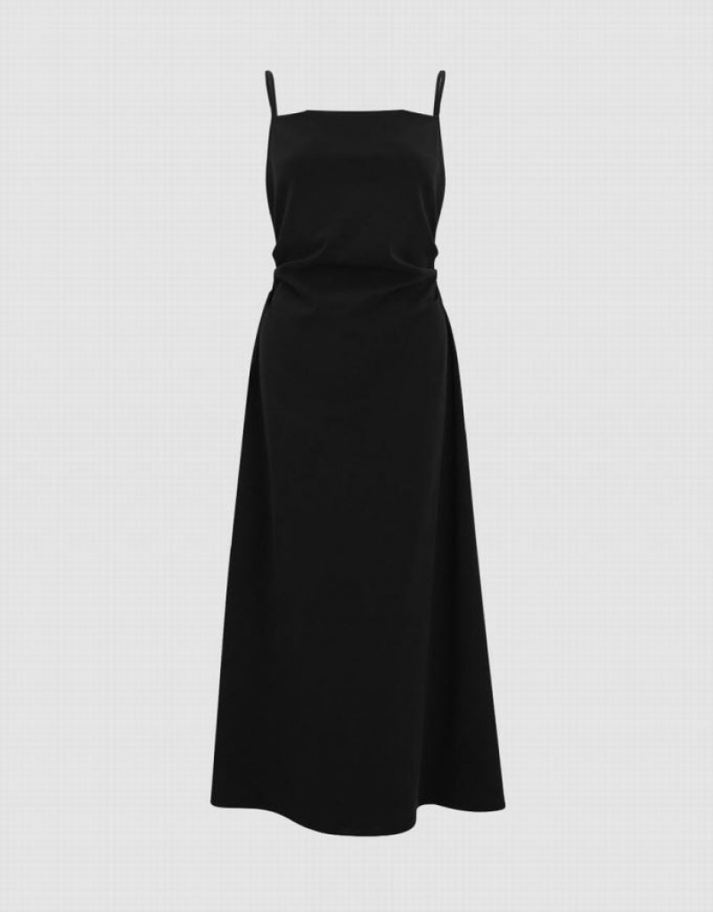 Black Urban Revivo Ruched A-Line Women's Dress | 28071EQLV