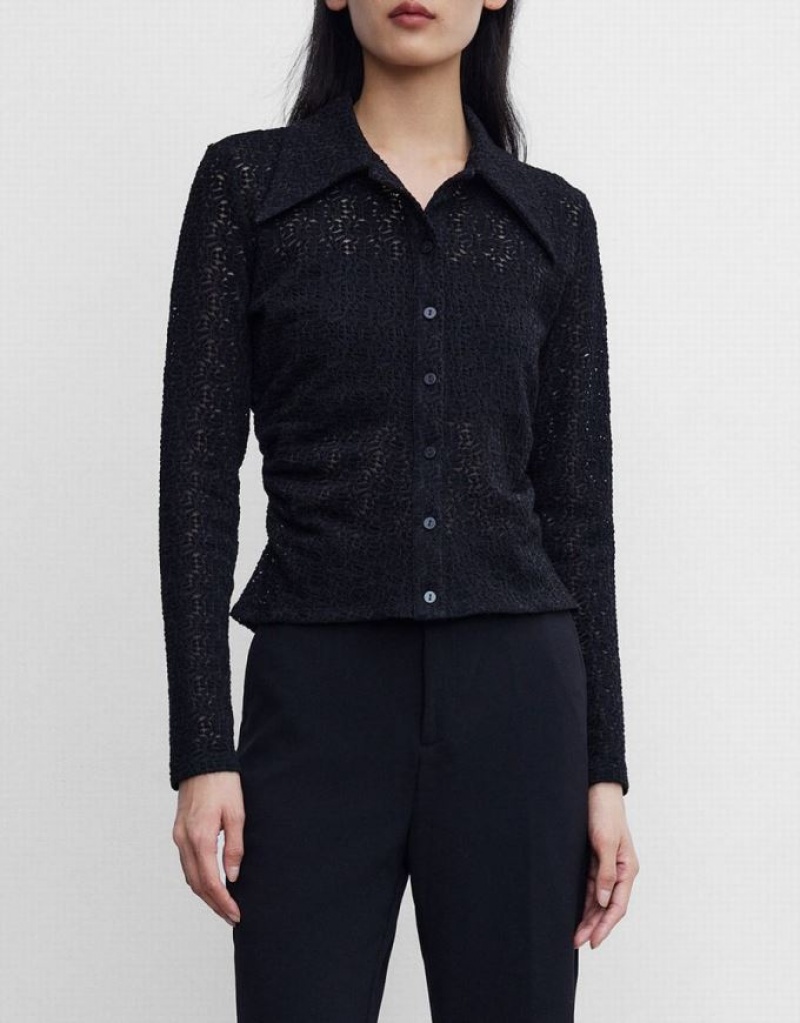 Black Urban Revivo Ruched Button Up Fitted Women's Shirts | 56302TGBX