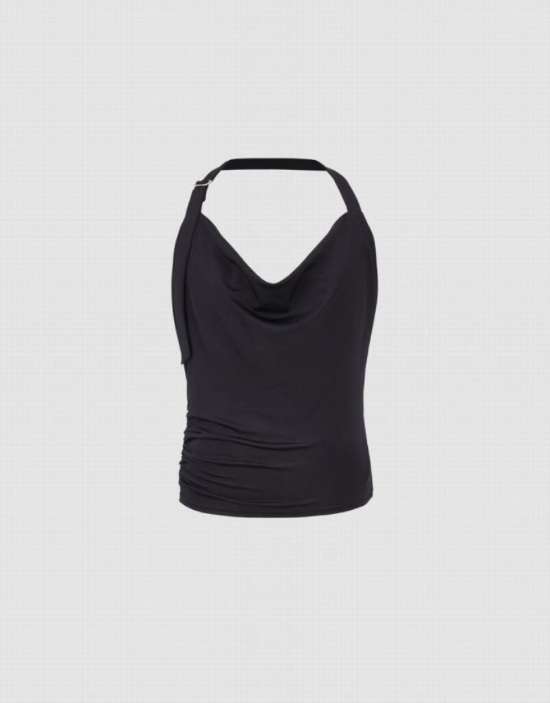 Black Urban Revivo Ruched Cowl Neck Women's Tank Top | 02937DJSG