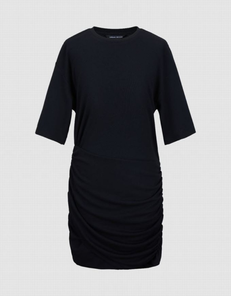 Black Urban Revivo Ruched Crew Neck Skinny Women's Dress | 76829VJHE