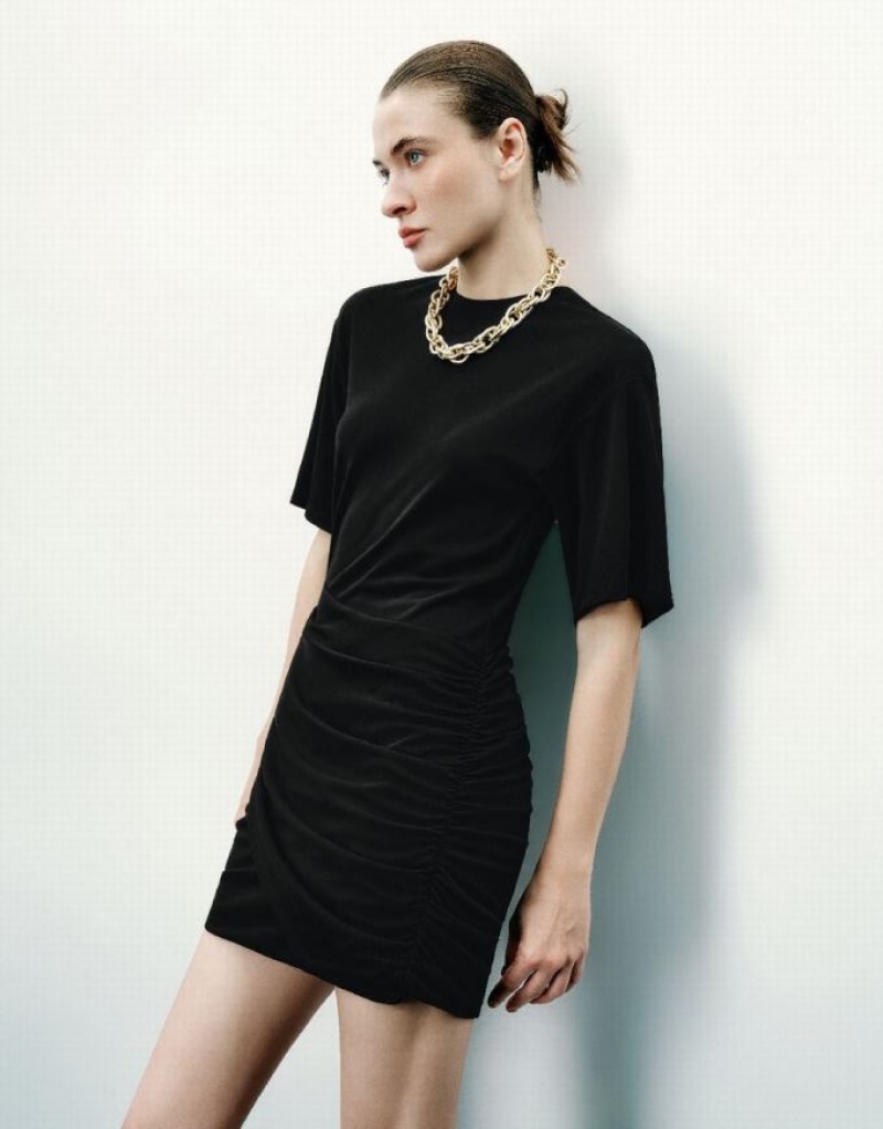 Black Urban Revivo Ruched Crew Neck Skinny Women's Dress | 76829VJHE