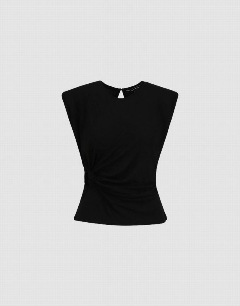 Black Urban Revivo Ruched Crew Neck Women's Tank Top | 76102BPUR