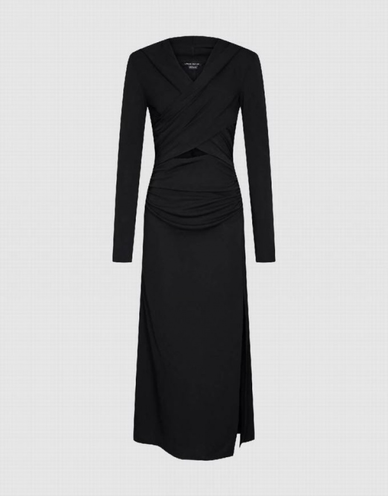 Black Urban Revivo Ruched Cut-Out Knitted Straight Women's Dress | 07892ZUYV