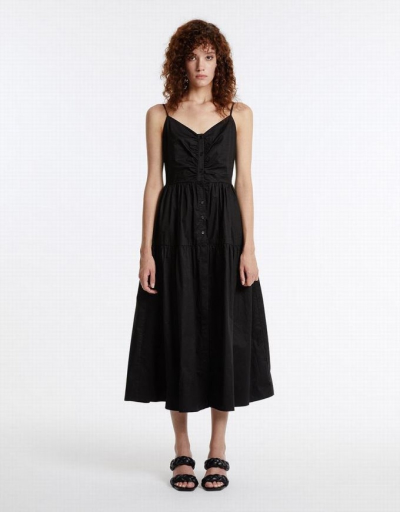 Black Urban Revivo Ruched Neckline Tiered Women's Casual Dress | 70289LHXZ