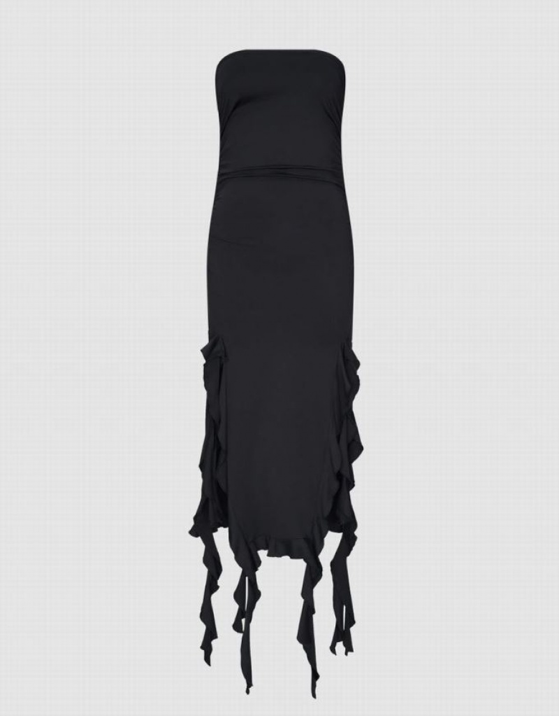 Black Urban Revivo Ruched Sleeveless Skinny Women's Dress | 30178KMUZ