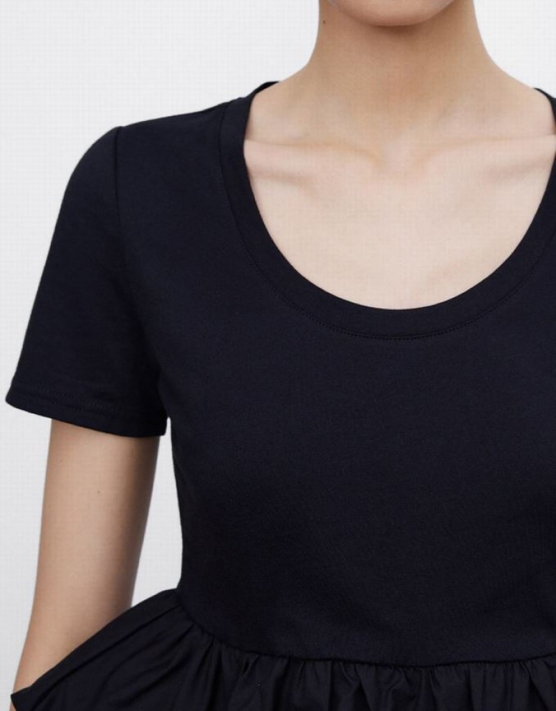 Black Urban Revivo Ruffle Hem Women's T-Shirts | 18490VRWM