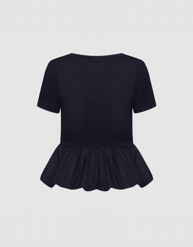 Black Urban Revivo Ruffle Hem Women's T-Shirts | 18490VRWM