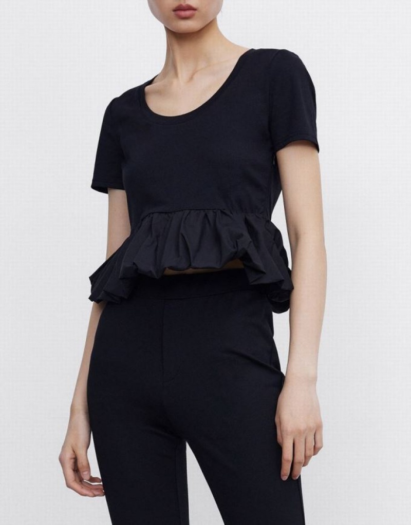 Black Urban Revivo Ruffle Hem Women's T-Shirts | 18490VRWM