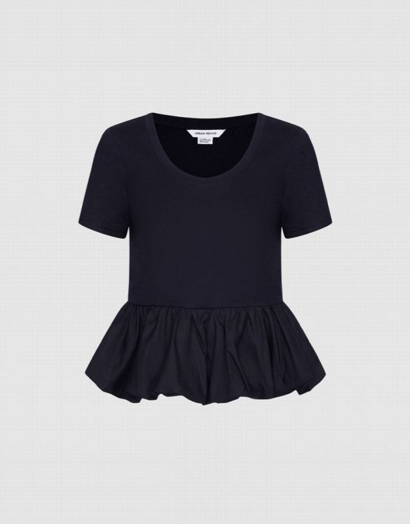 Black Urban Revivo Ruffle Hem Women\'s T-Shirts | 18490VRWM