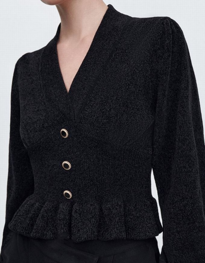 Black Urban Revivo Ruffle Knitted Top Women's Cardigan | 06854BXTN