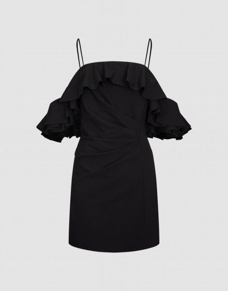 Black Urban Revivo Ruffle Off-Shoulder Skinny Women's Dress | 10953TLKB