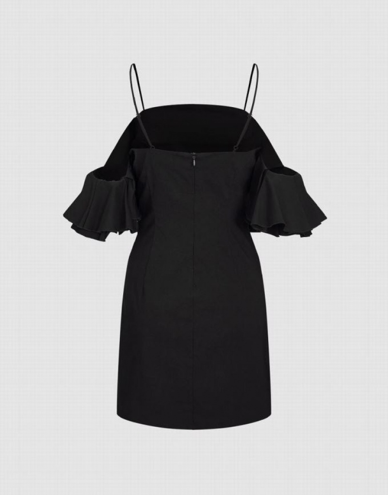 Black Urban Revivo Ruffle Off-Shoulder Skinny Women's Dress | 10953TLKB