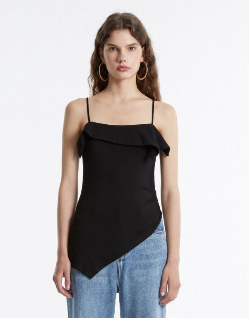 Black Urban Revivo Ruffled Asymmetric Women's Camisole | 92467VRFE