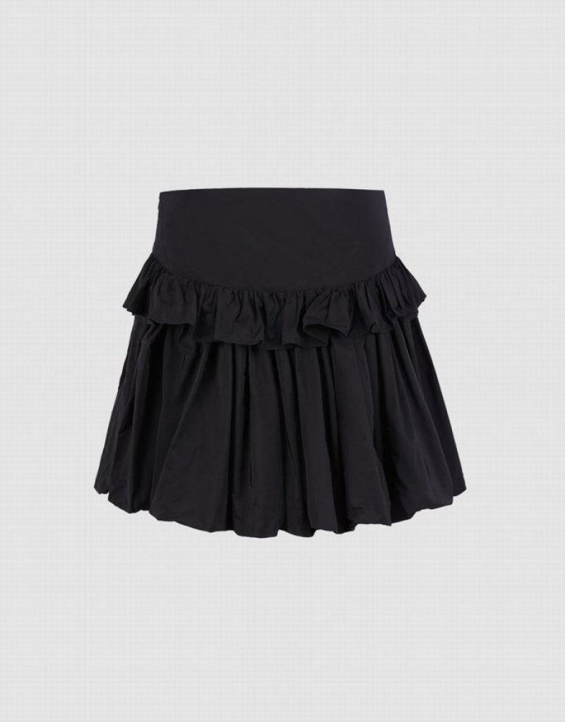 Black Urban Revivo Ruffled Ruched Women's Skirts | 03697MSQV