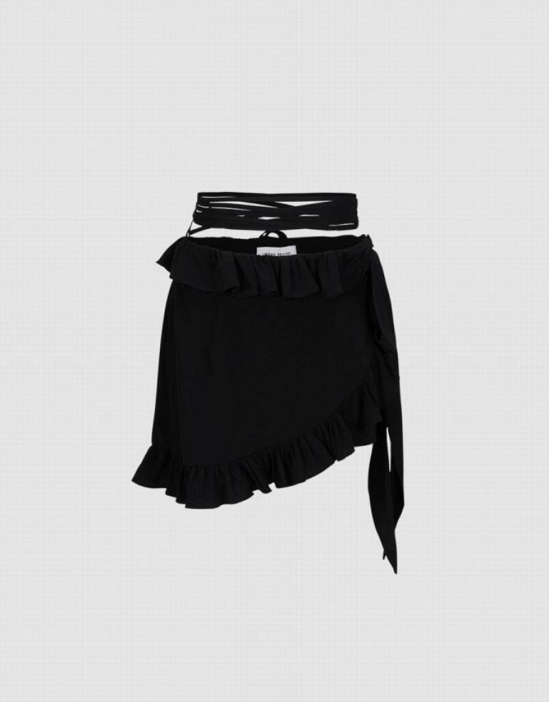 Black Urban Revivo Ruffled Wrap Women's Skirts | 50679BPNV