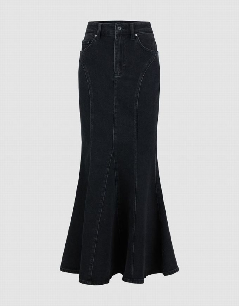 Black Urban Revivo Skinny Fishtail Women\'s Denim Skirt | 73186YRQW