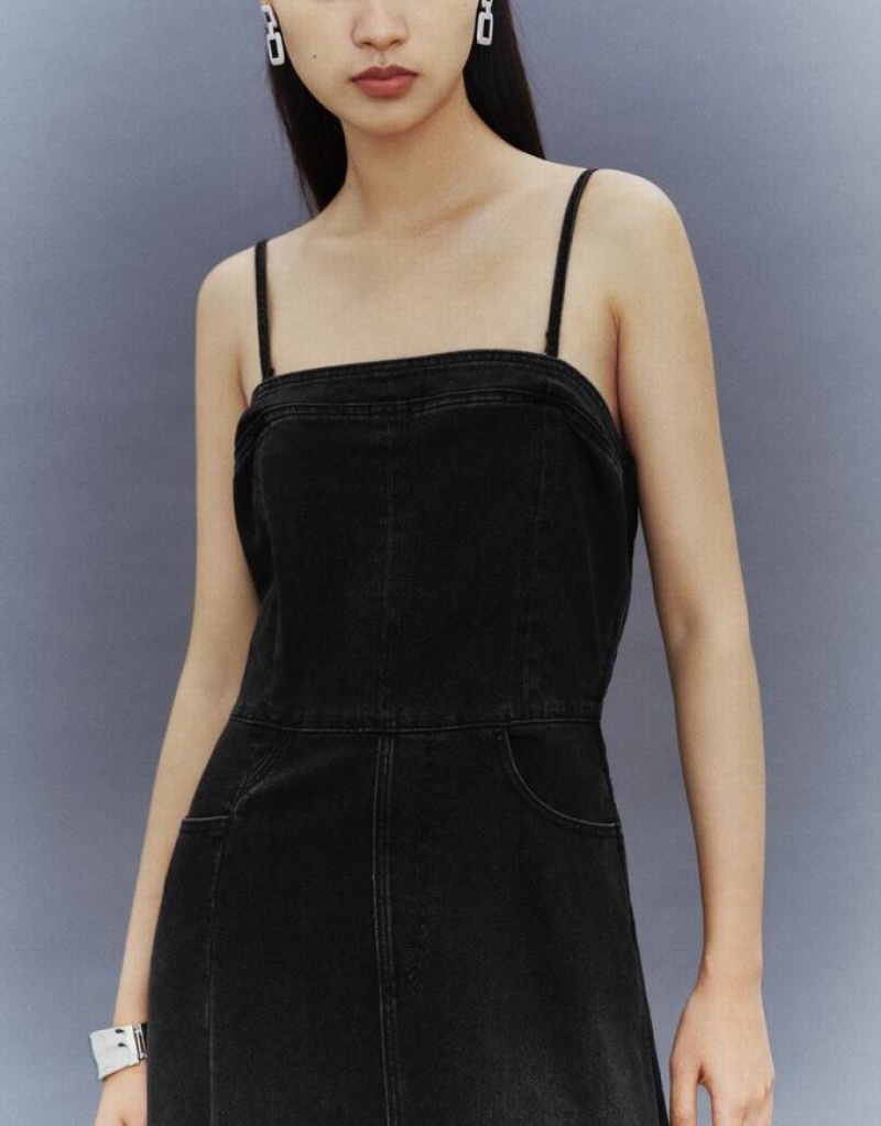 Black Urban Revivo Skinny Midi Women's Denim Dress | 74029LSJP