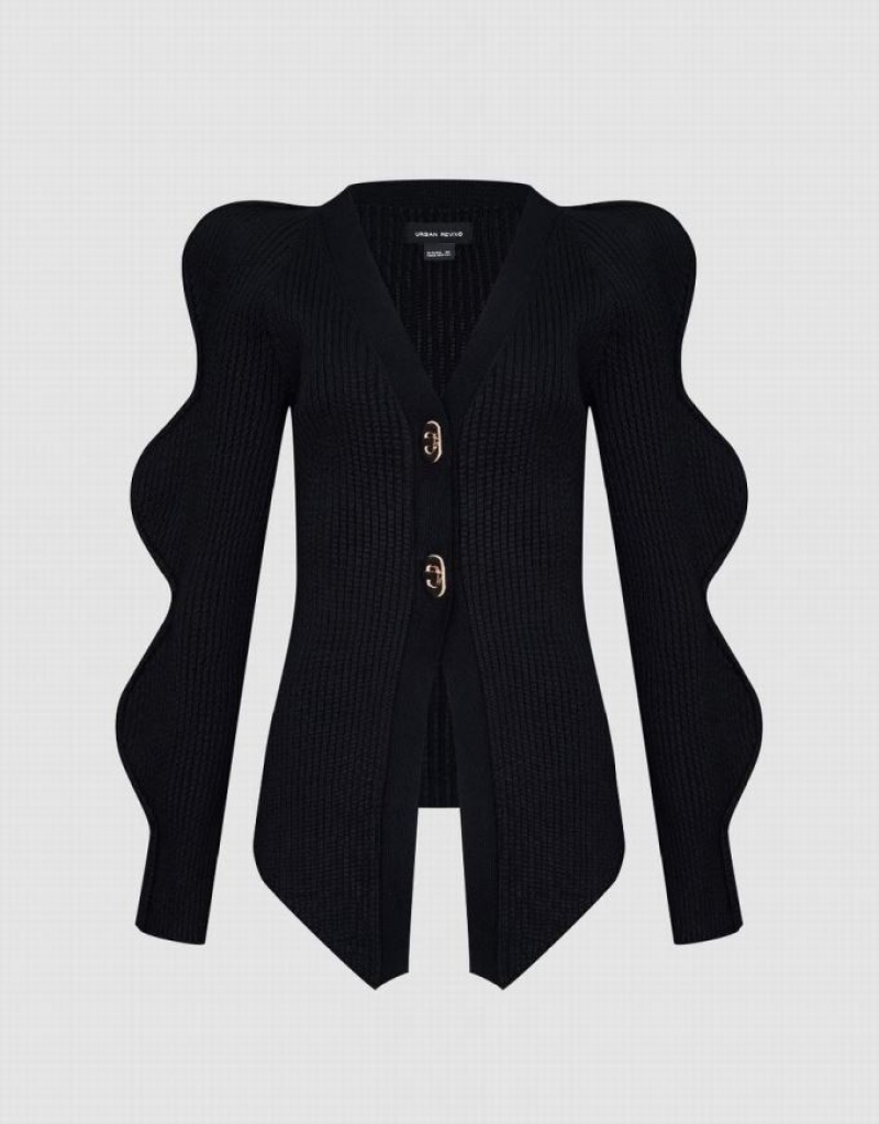 Black Urban Revivo Skinny V-Neck Knitted Women's Cardigan | 87159PUYE