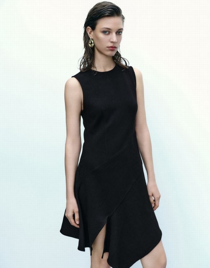 Black Urban Revivo Sleeveless Crew Neck Mini A-Line Women's Dress | 59041VTUW