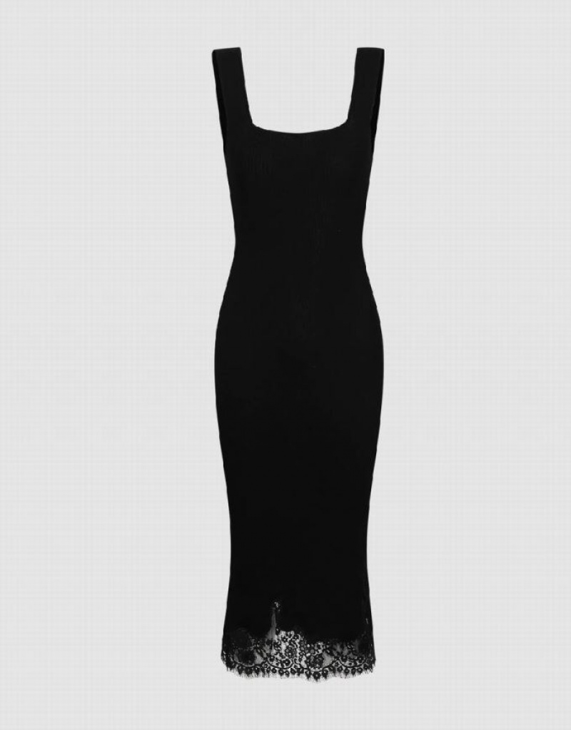 Black Urban Revivo Sleeveless Lace Hem Women's Knitted Dress | 65041WSQF