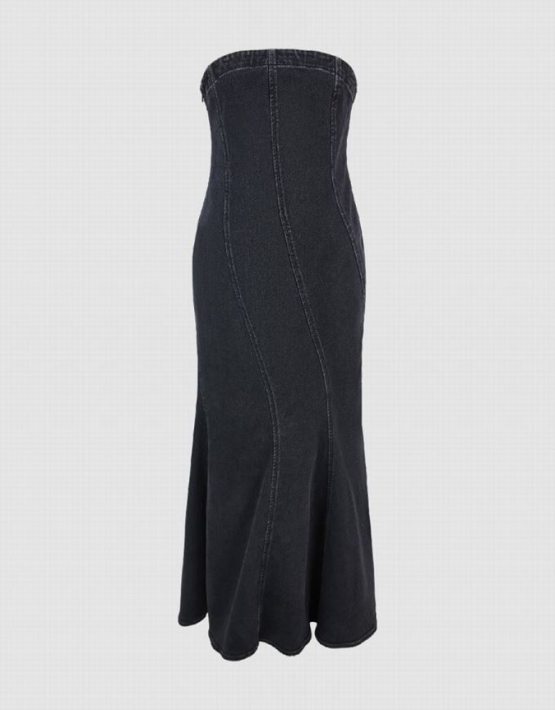 Black Urban Revivo Sleeveless Off-Shoulder Women's Denim Dress | 18063TWZY