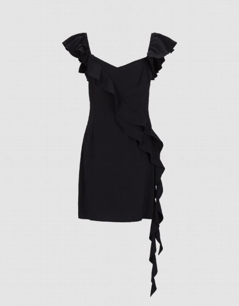 Black Urban Revivo Sleeveless Ruffle Skater Women's Short Dress | 39475ANQR