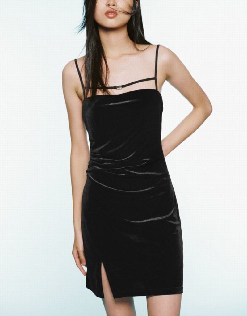 Black Urban Revivo Sleeveless Square-Cut Collar Straight Women's Dress | 29086ODNS