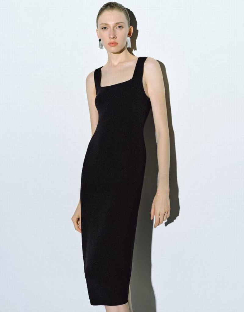 Black Urban Revivo Sleeveless Square-cut Collar Women's Knitted Dress | 58164VNST