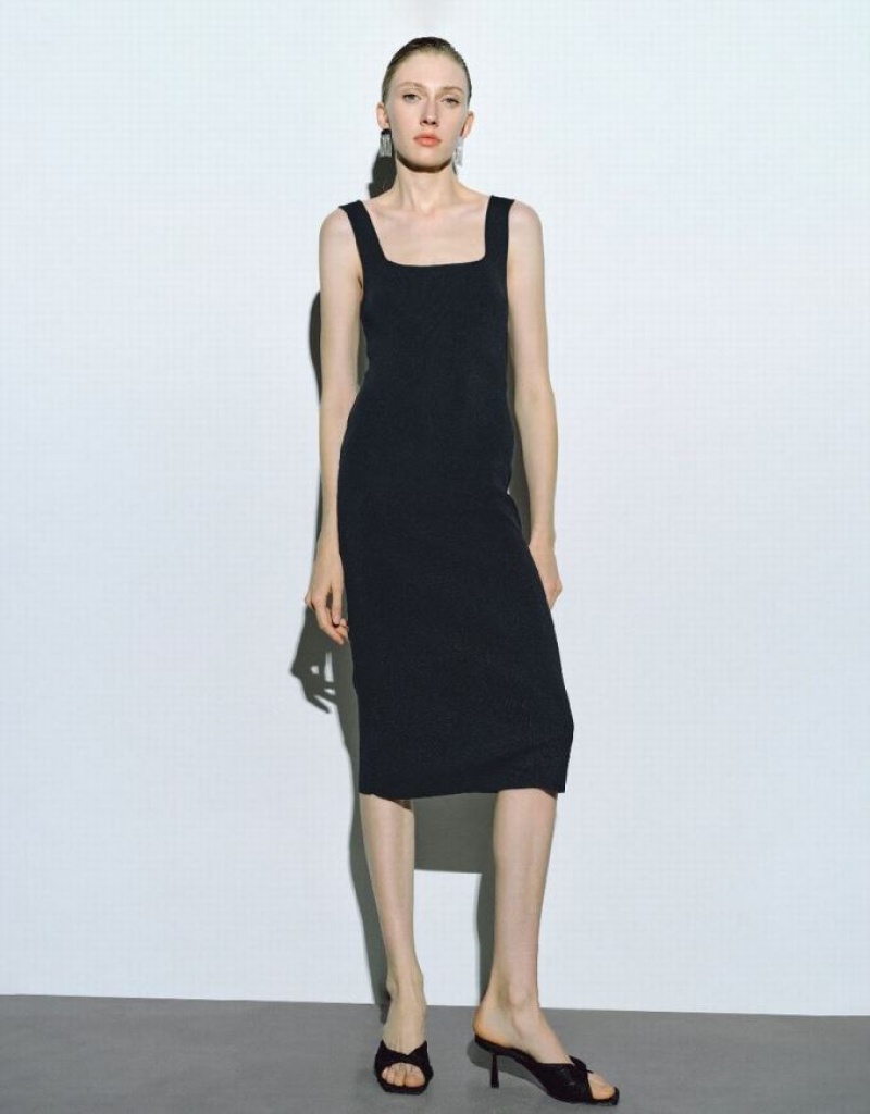 Black Urban Revivo Sleeveless Square-cut Collar Women\'s Knitted Dress | 58164VNST