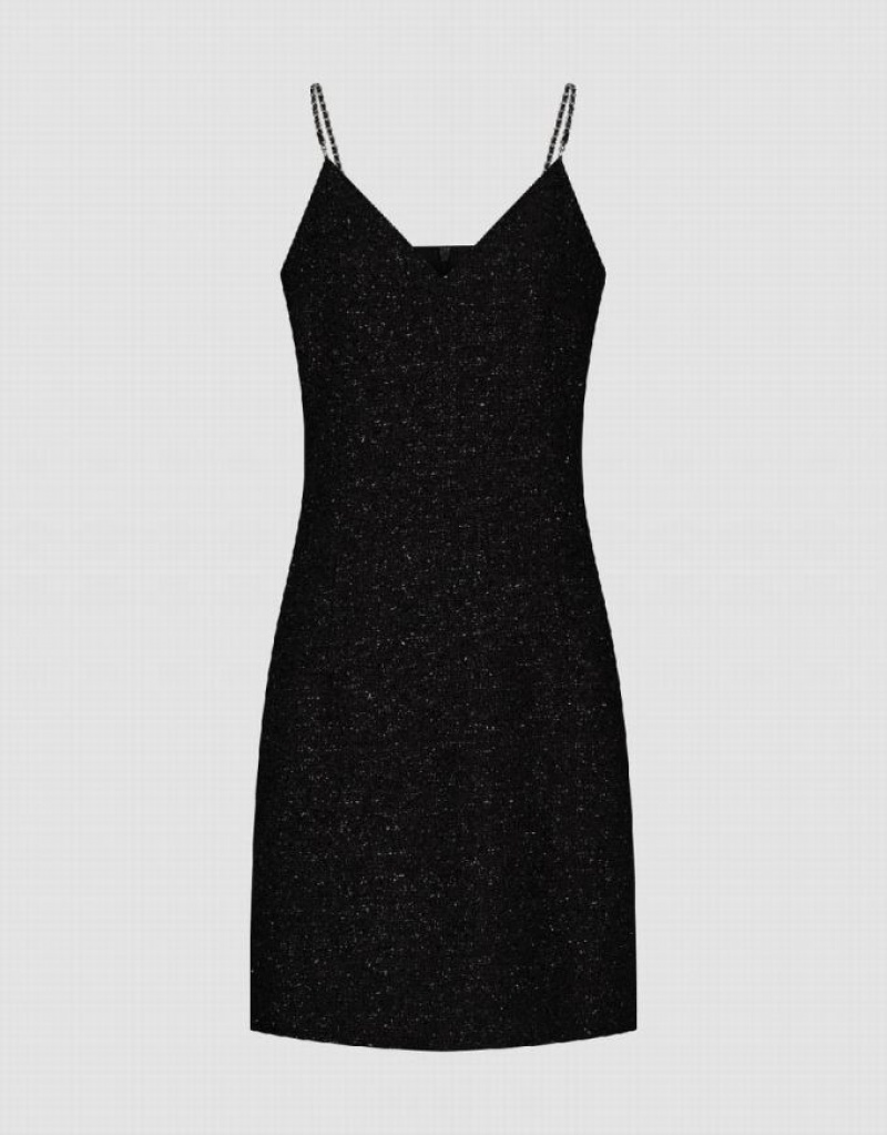 Black Urban Revivo Sleeveless Tweed V-Neck Straight Women's Dress | 67148BKWN