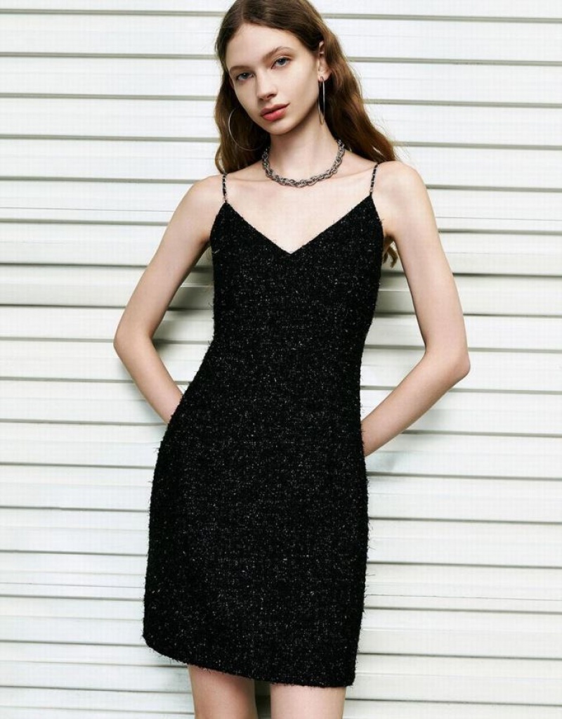 Black Urban Revivo Sleeveless Tweed V-Neck Straight Women's Dress | 67148BKWN