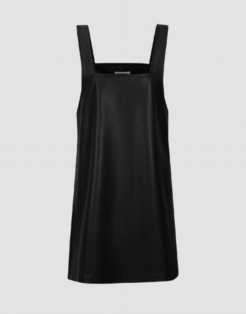 Black Urban Revivo Sleeveless Vegan Leather A-Line Women's Dress | 95132IQBV