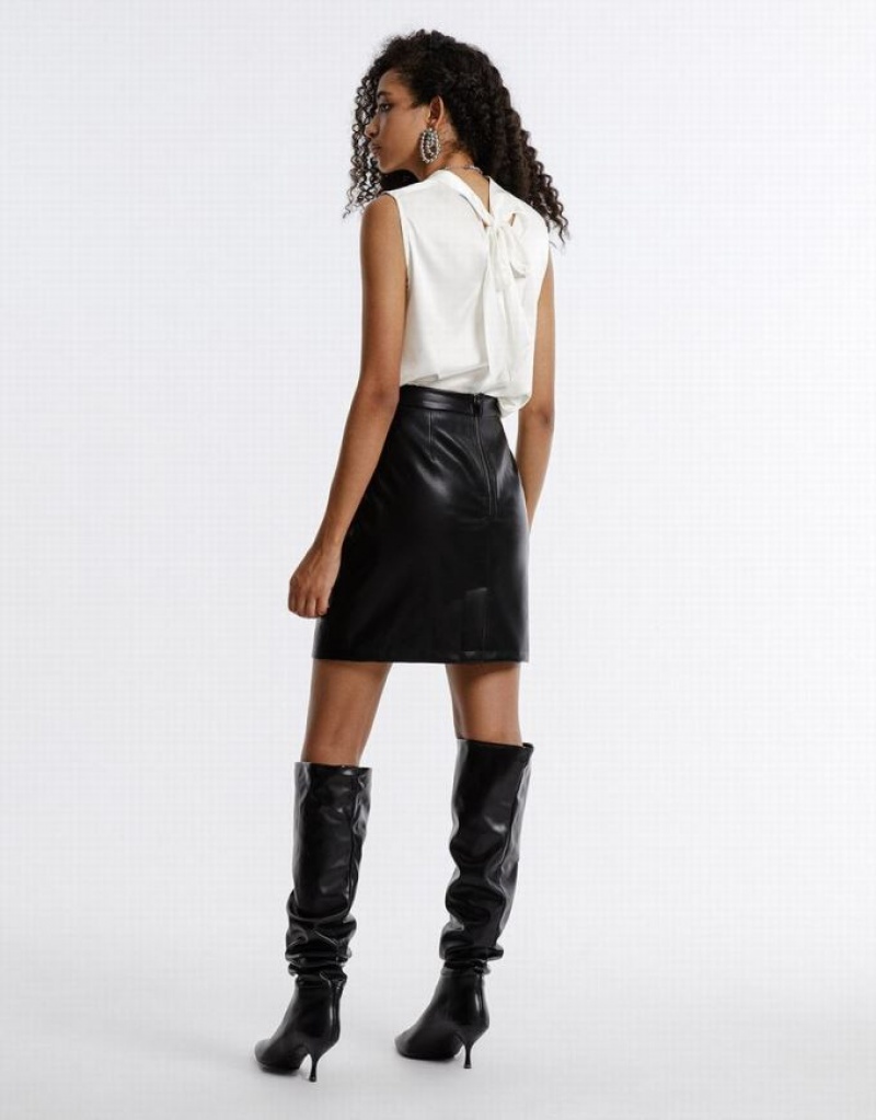 Black Urban Revivo Slit Hem Faux Leather Women's Skirts | 42753NGCI