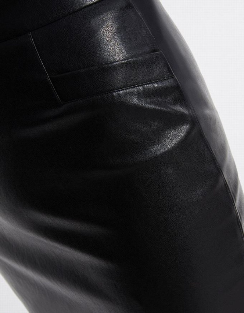 Black Urban Revivo Slit Hem Faux Leather Women's Skirts | 42753NGCI