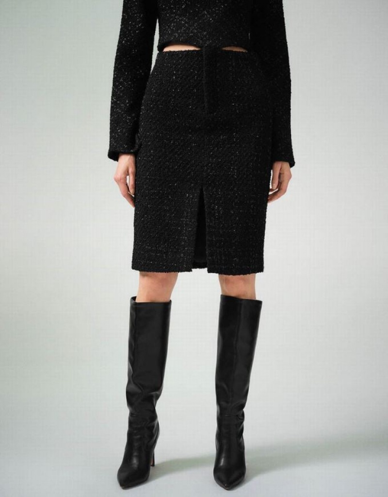 Black Urban Revivo Split Hem Tweed Straight Women's Skirts | 67193NKTP