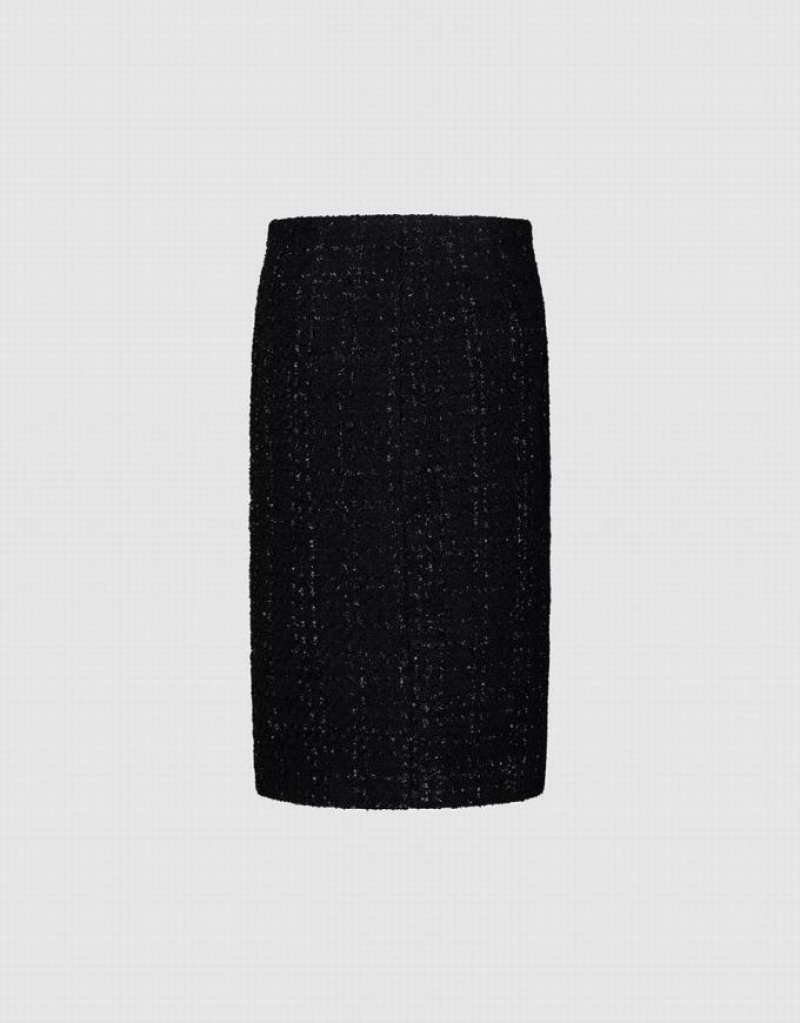 Black Urban Revivo Split Hem Tweed Straight Women's Skirts | 67193NKTP