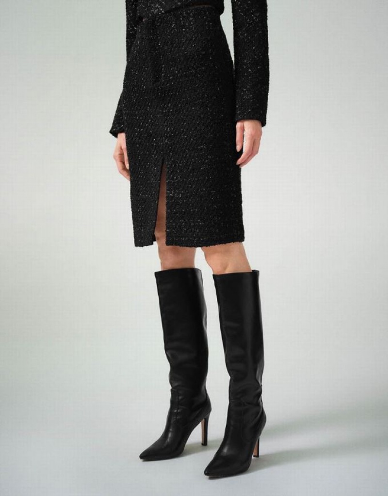 Black Urban Revivo Split Hem Tweed Straight Women's Skirts | 67193NKTP