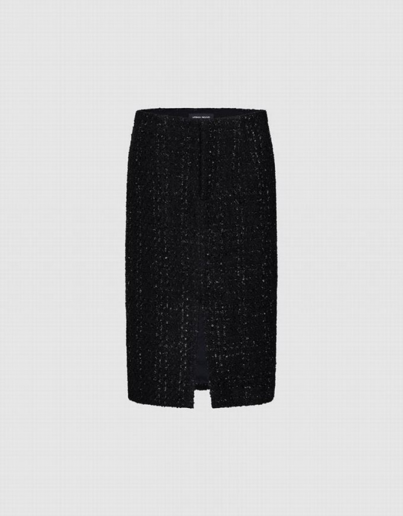 Black Urban Revivo Split Hem Tweed Straight Women\'s Skirts | 67193NKTP