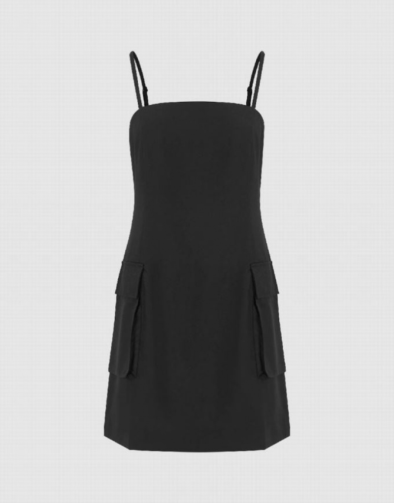 Black Urban Revivo Square-Cut Collar Skater Cami Women\'s Dress | 61425JCSY