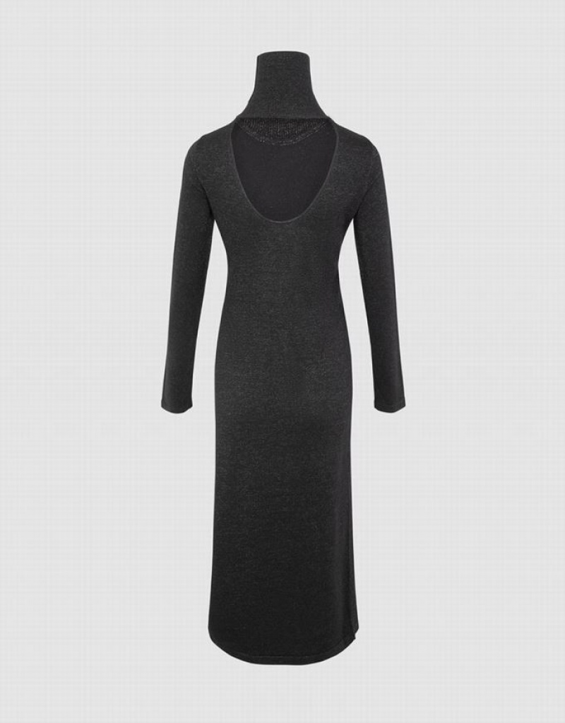 Black Urban Revivo Stand Collar Split Women's Knitted Dress | 53478DSFQ